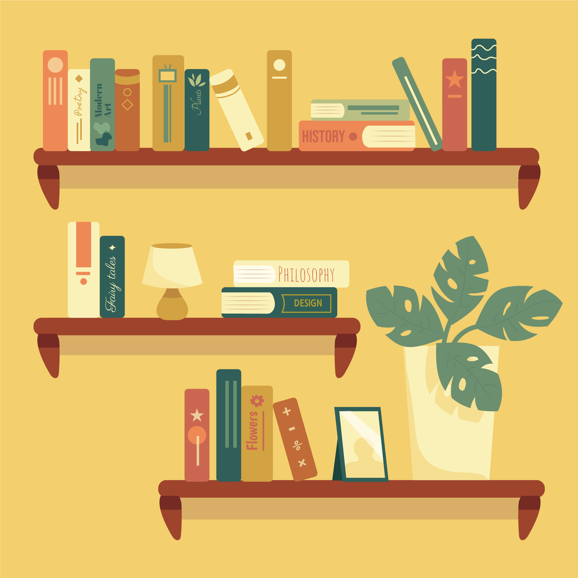 Estantes com livros e plantas